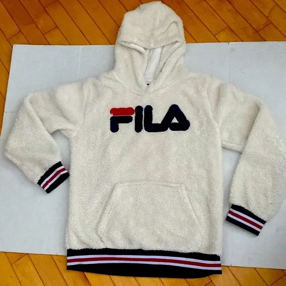 FILA Long sleeved Cream & Navy Fleece Teddy Bear Hoodie Girls size 14/16 X-Large - Picture 1 of 13